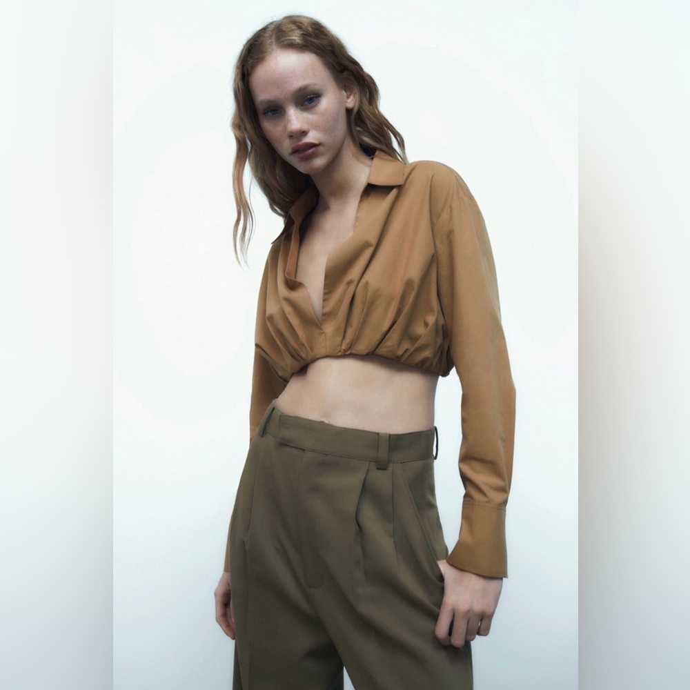Zara Women Brown Long‎ Sleeves Poplin Collared Pleated Casual Cotton Shirt Sz L